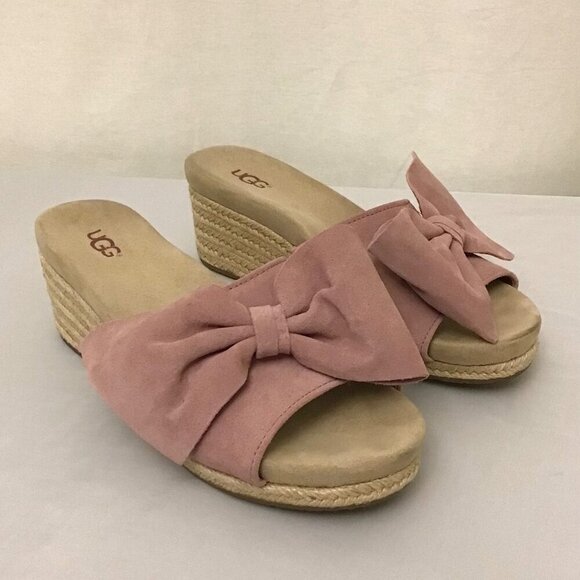 UGG 8.5 Jaycee Suede Rose Pink Bow Women’s Espadrille Wedge Sandals Shoes - Picture 4 of 12